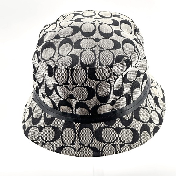 Coach Bucket Hat Women M/L Black Grey Excellent Signature Monogram Leather Trim - Picture 3 of 11